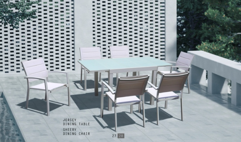 White 6pcs Textilene chairs with white extended table tempered glass