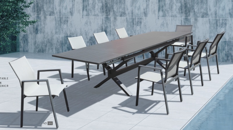 White Textilene dining chairs and grey automatic extension table