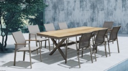 Grey Textilene teak salt armrest chairs and teak slat dining table