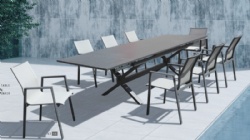 White Textilene dining chairs and grey automatic extension table