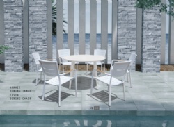 White small aluminum teak arm chair and small aluminum dining table